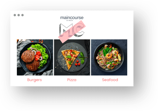 Screenshot from a restaurant website; Various courses on black plates